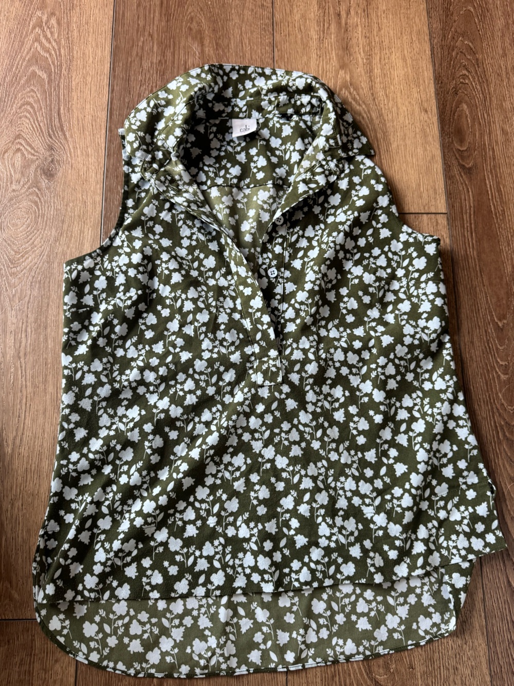 CAbi Olive Green Floral Sleeveless Collared Tank